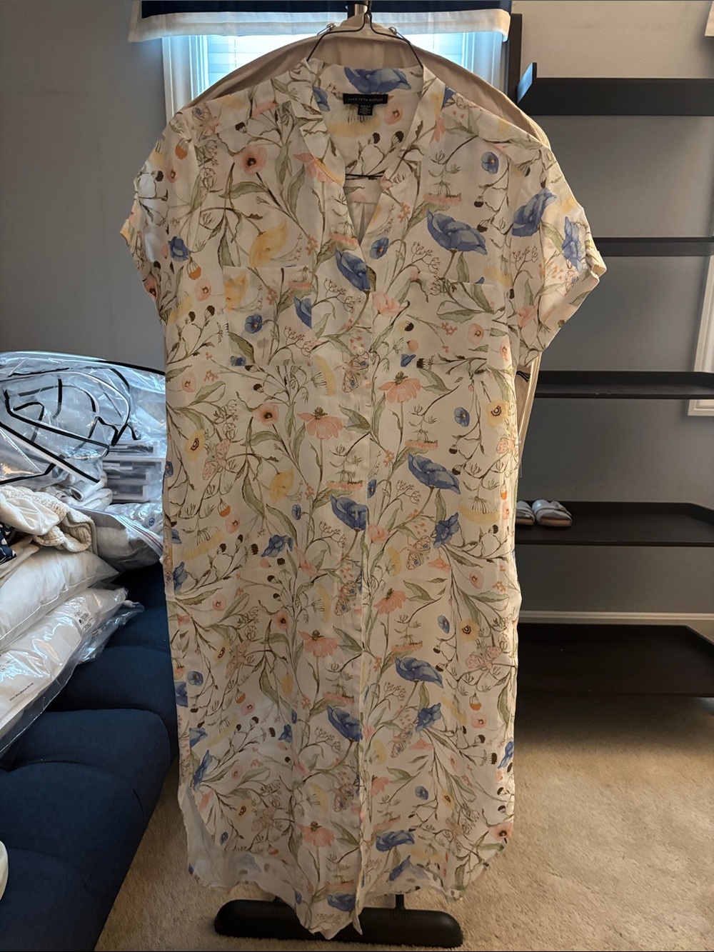 Saks Fifth Avenue Cream Floral Button-Front Maxi Dress with Blue and Pink Blooms